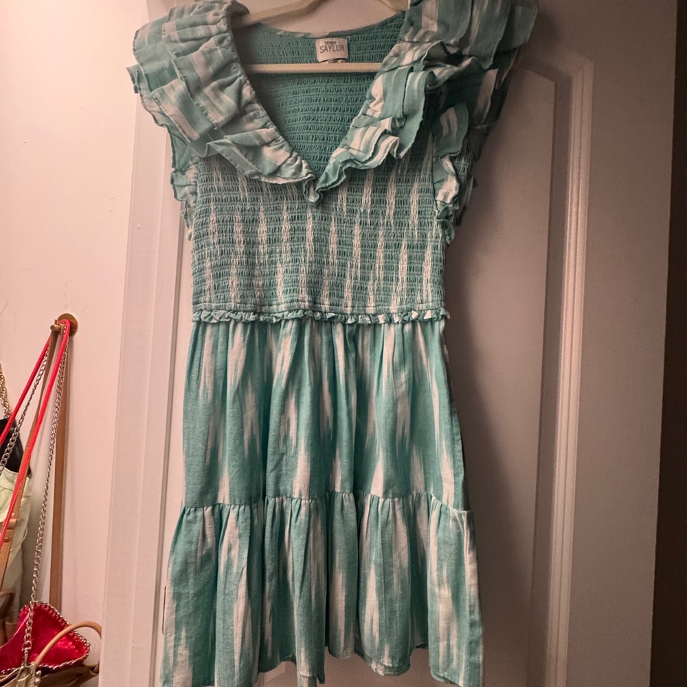 SAYLOR Light Blue and White Patterned Ruffle V-Ne… - image 3